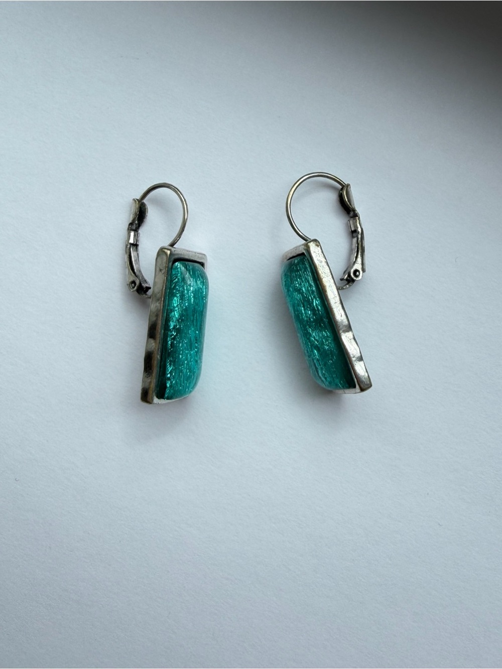 Artisan Teal Green Blue Iridescent Glass and Silver Rectangle Drop Earrings